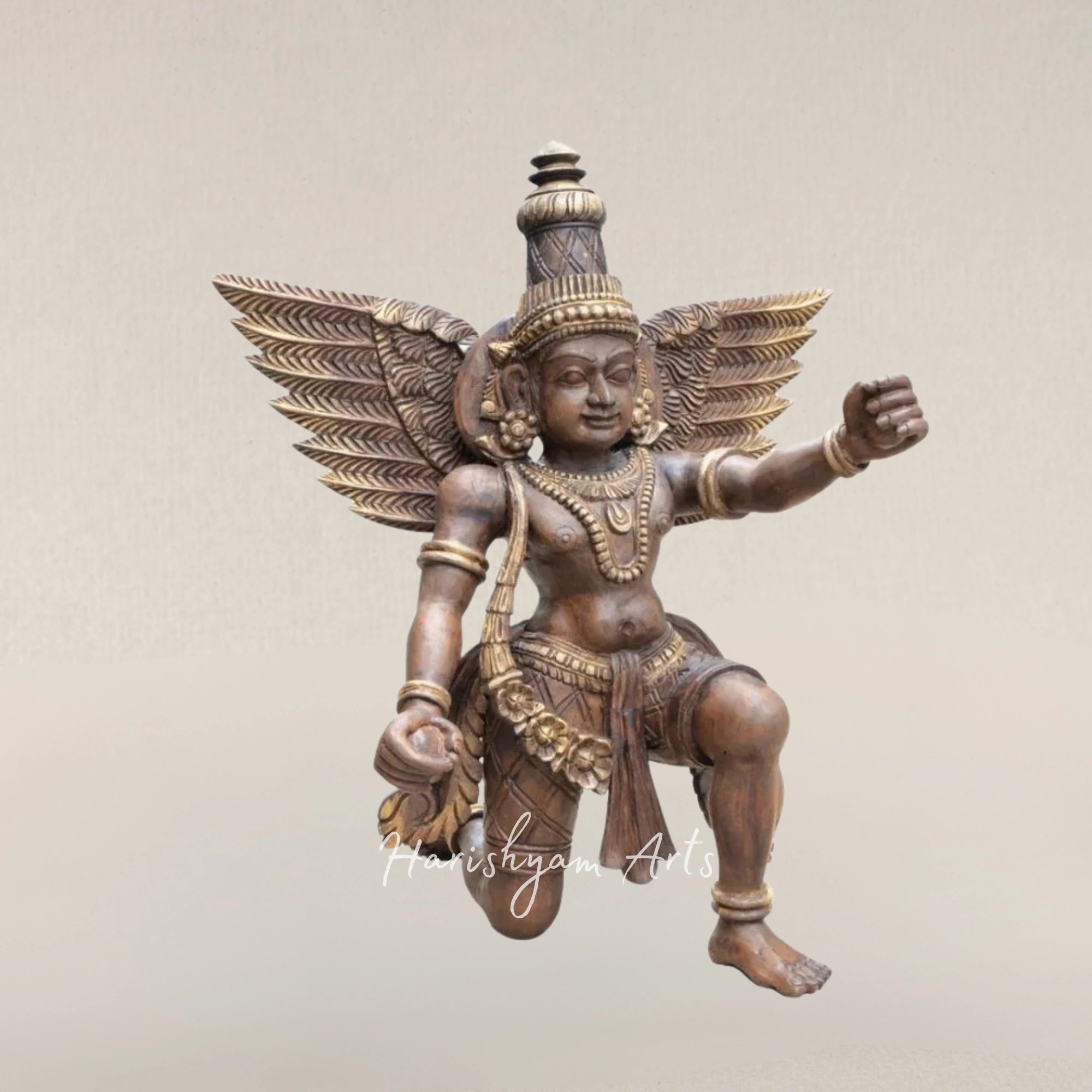 24" Sitting Garuda Tabletop Artwork Woodcarved Symbol of Devotion and Protection