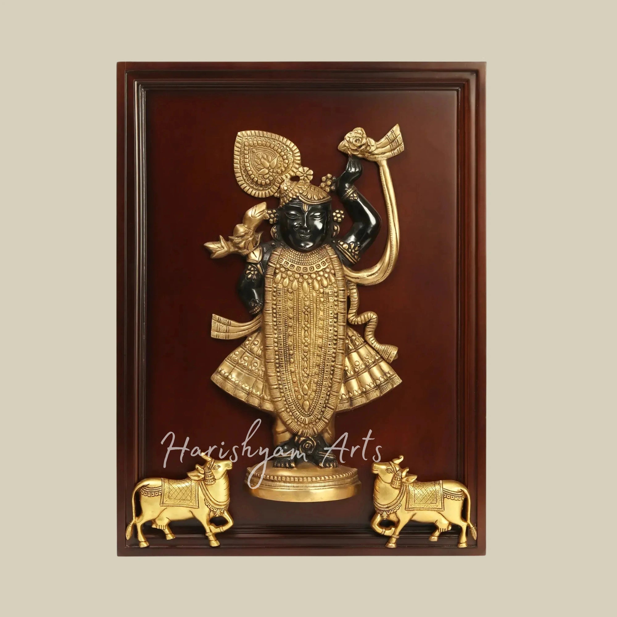 24" Traditional Shrinath Ji Brass Idol Wall Decor with Elegant Wooden Frame