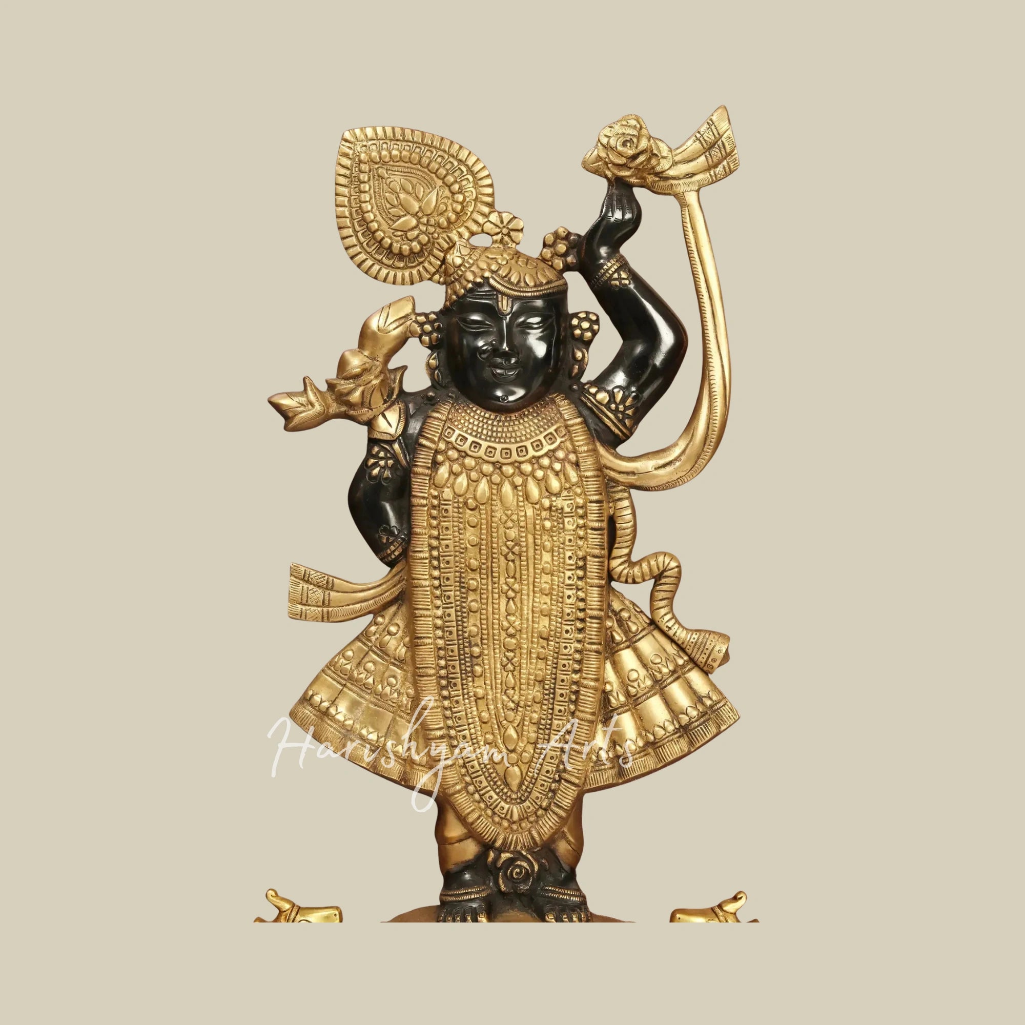 24" Traditional Shrinath Ji Brass Idol Wall Decor with Elegant Wooden Frame