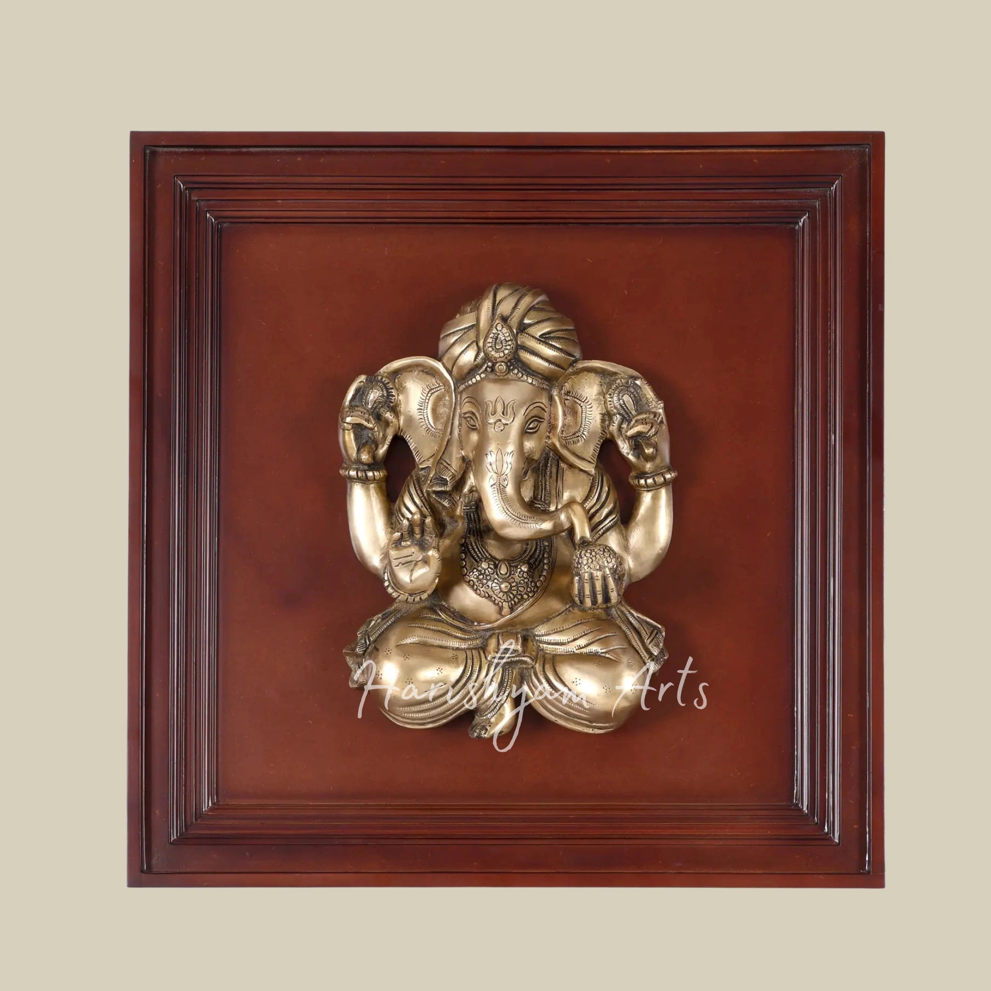 24" Turbaned Lord Ganesha Brass Wall Art with Decorative Wooden Frame
