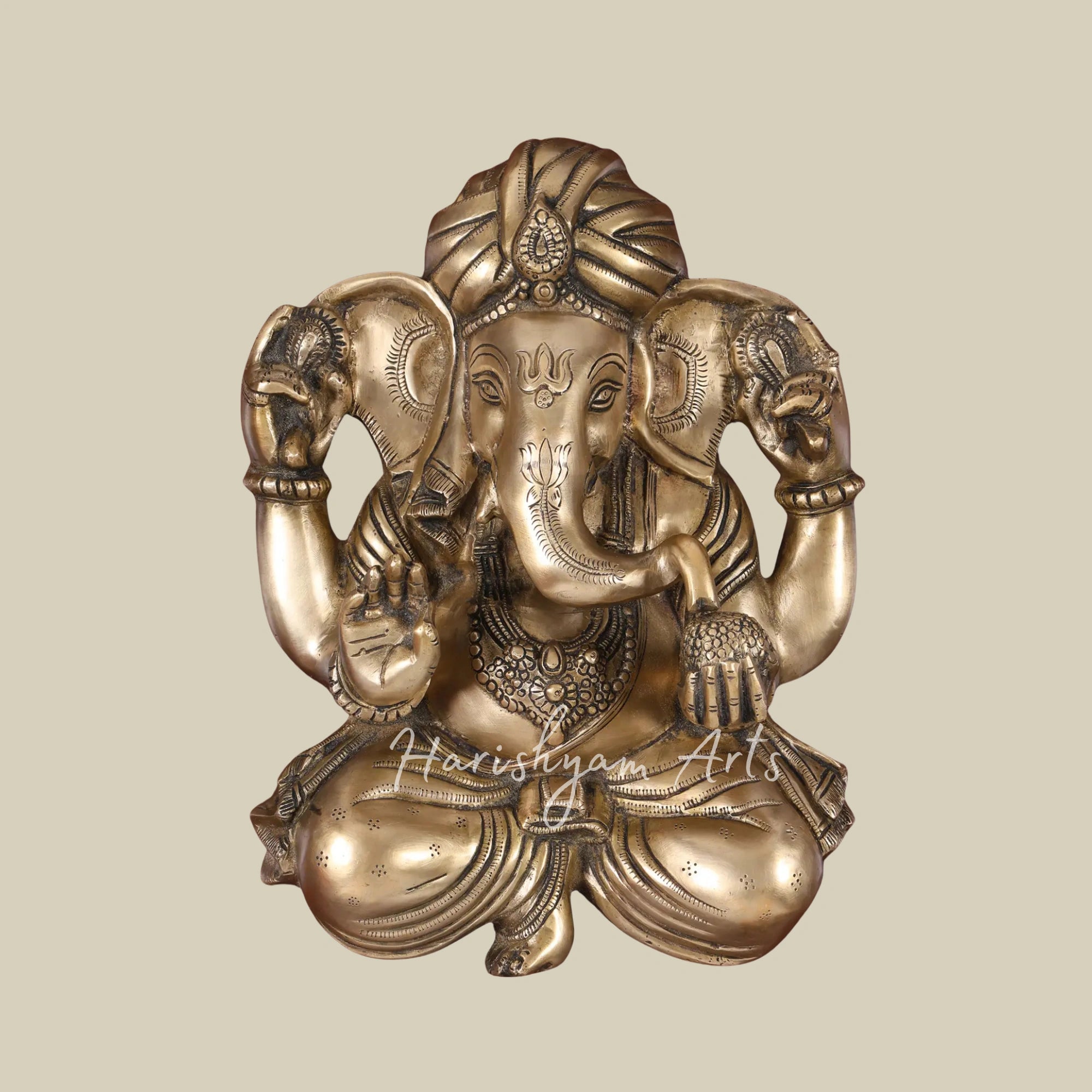 24" Turbaned Lord Ganesha Brass Wall Art with Decorative Wooden Frame