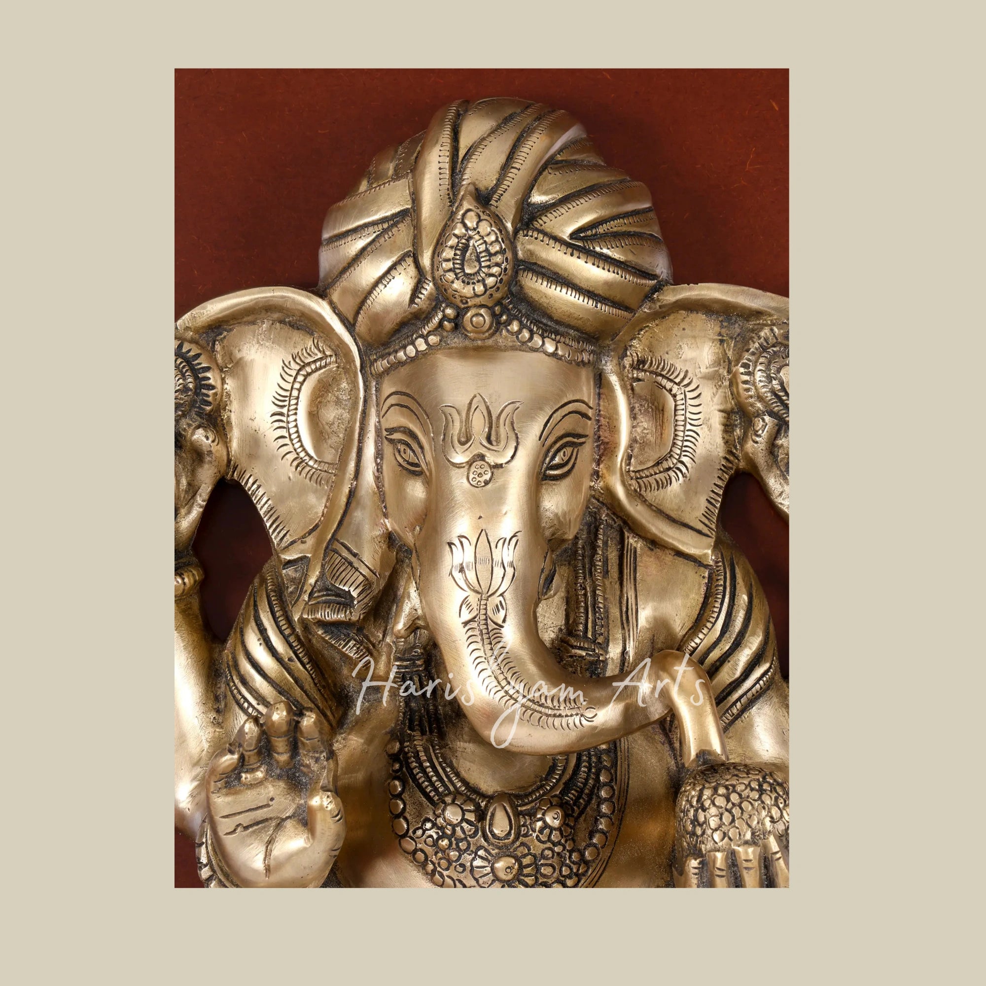 24" Turbaned Lord Ganesha Brass Wall Art with Decorative Wooden Frame