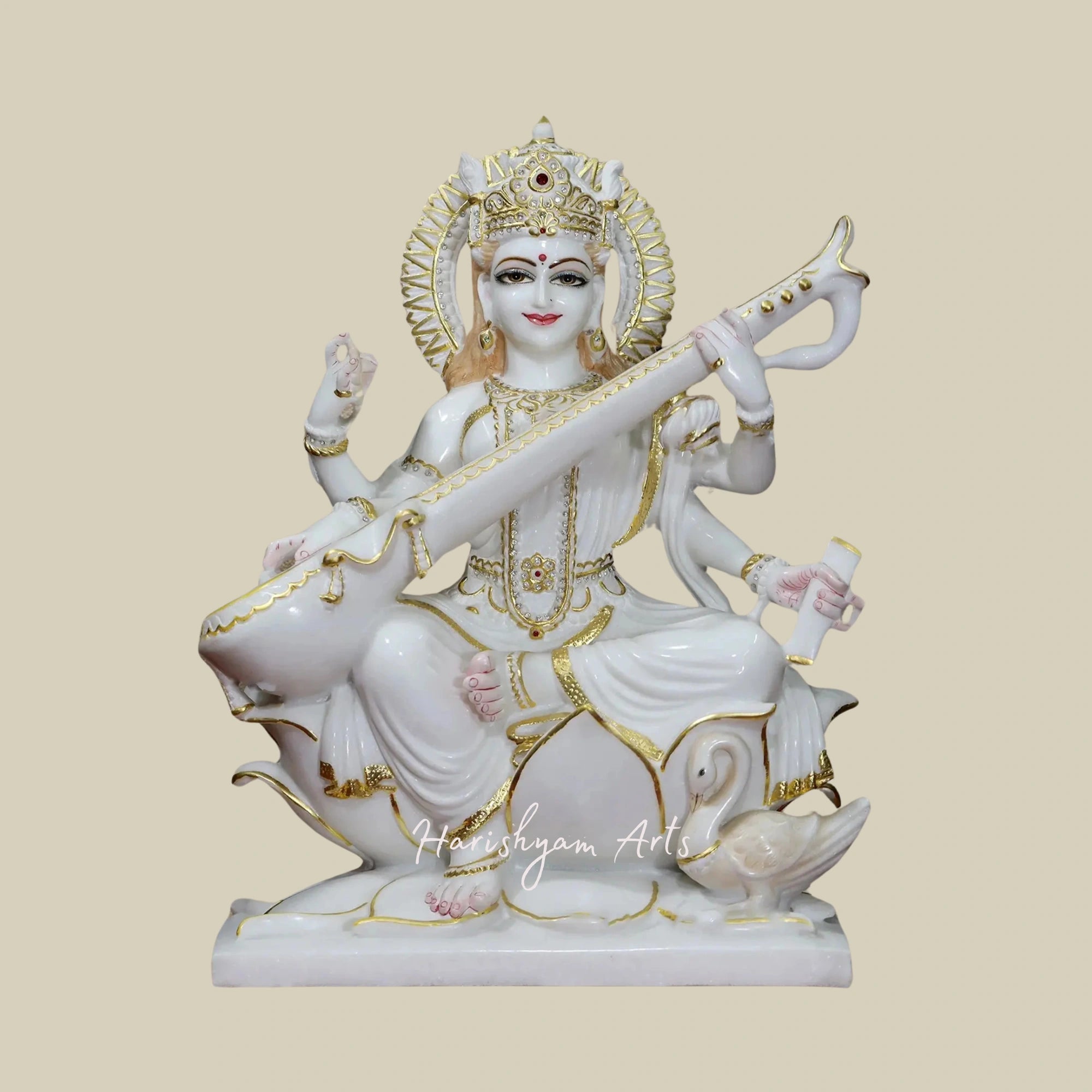 24" Veena-Vadini Saraswati Seated on Lotus Super White Vietnam Marble Idol