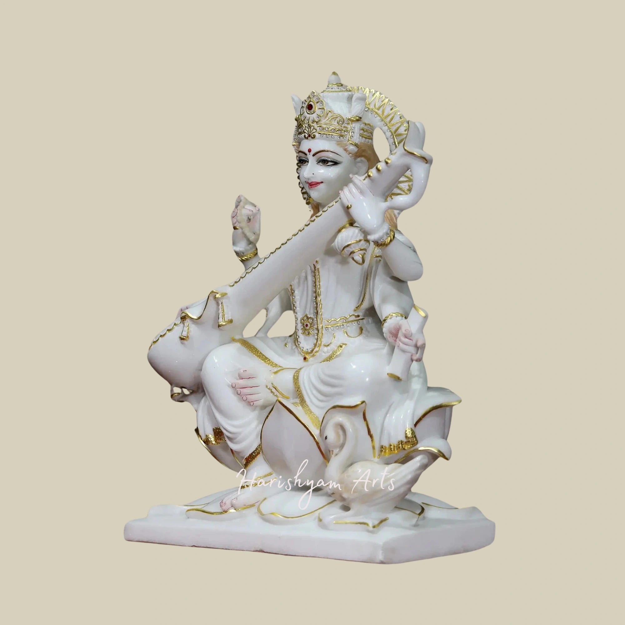 24" Veena-Vadini Saraswati Seated on Lotus Super White Vietnam Marble Idol1