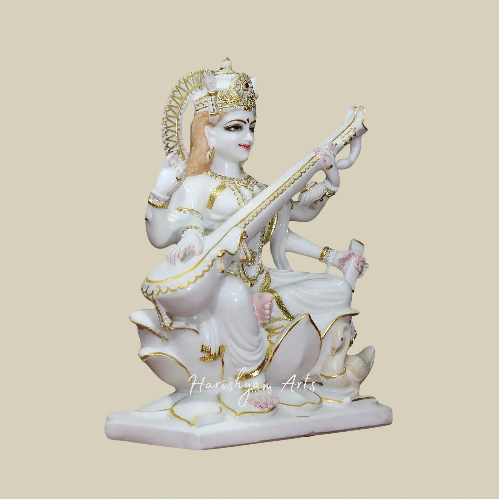 24" Veena-Vadini Saraswati Seated on Lotus Super White Vietnam Marble Idol2