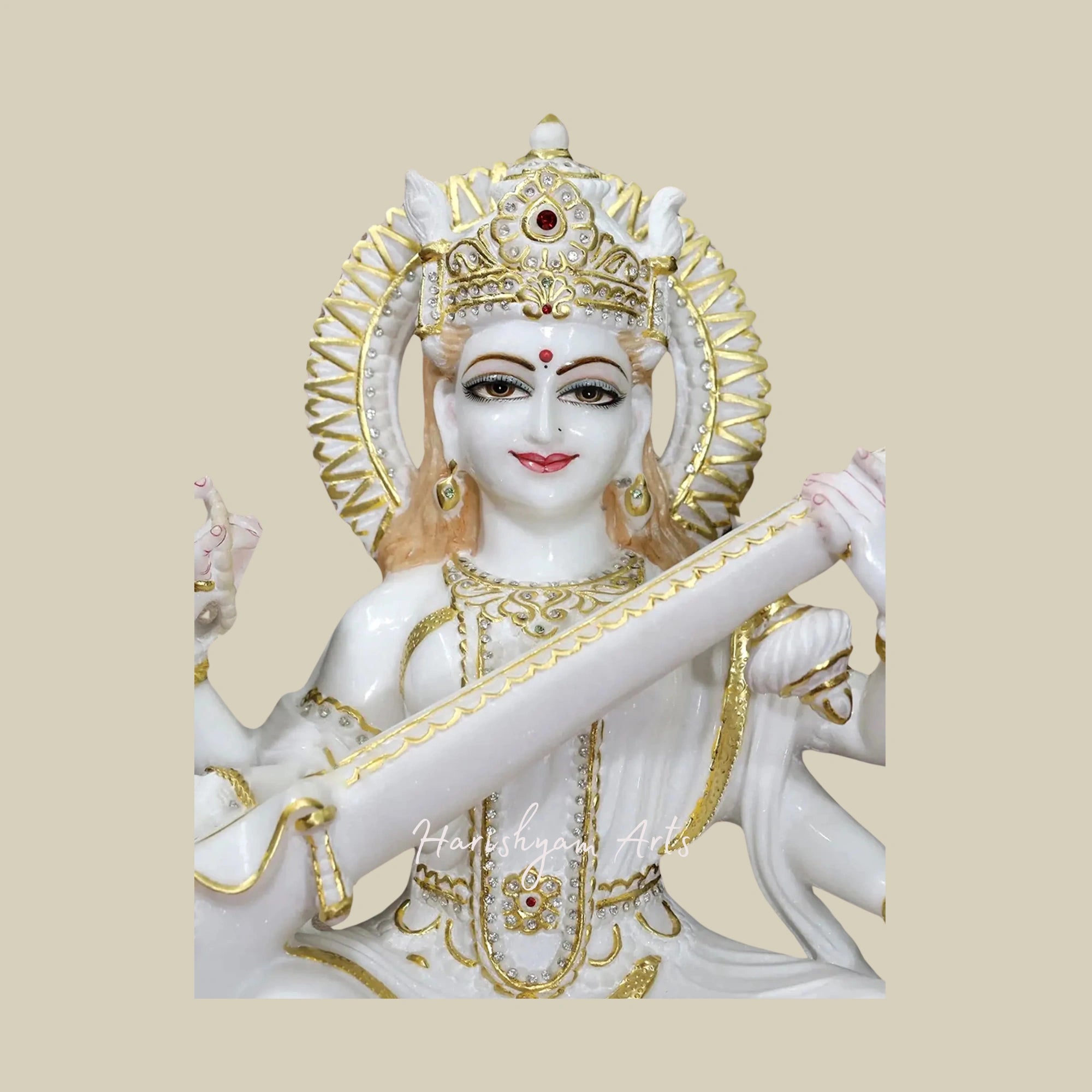 24" Veena-Vadini Saraswati Seated on Lotus Super White Vietnam Marble Idol3