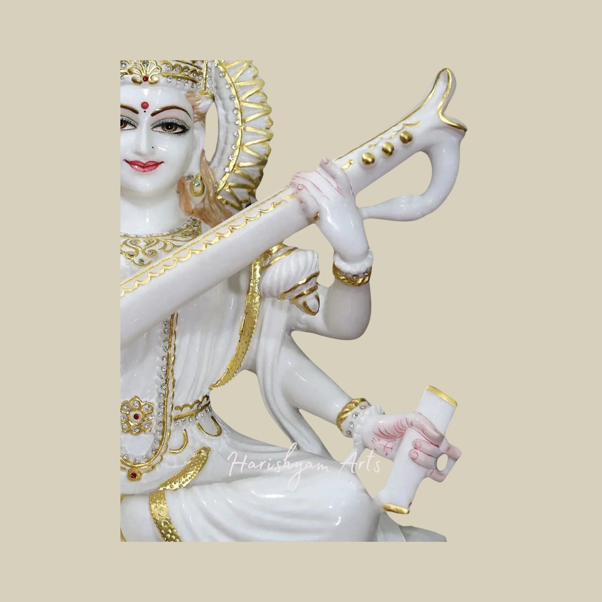 24" Veena-Vadini Saraswati Seated on Lotus Super White Vietnam Marble Idol4