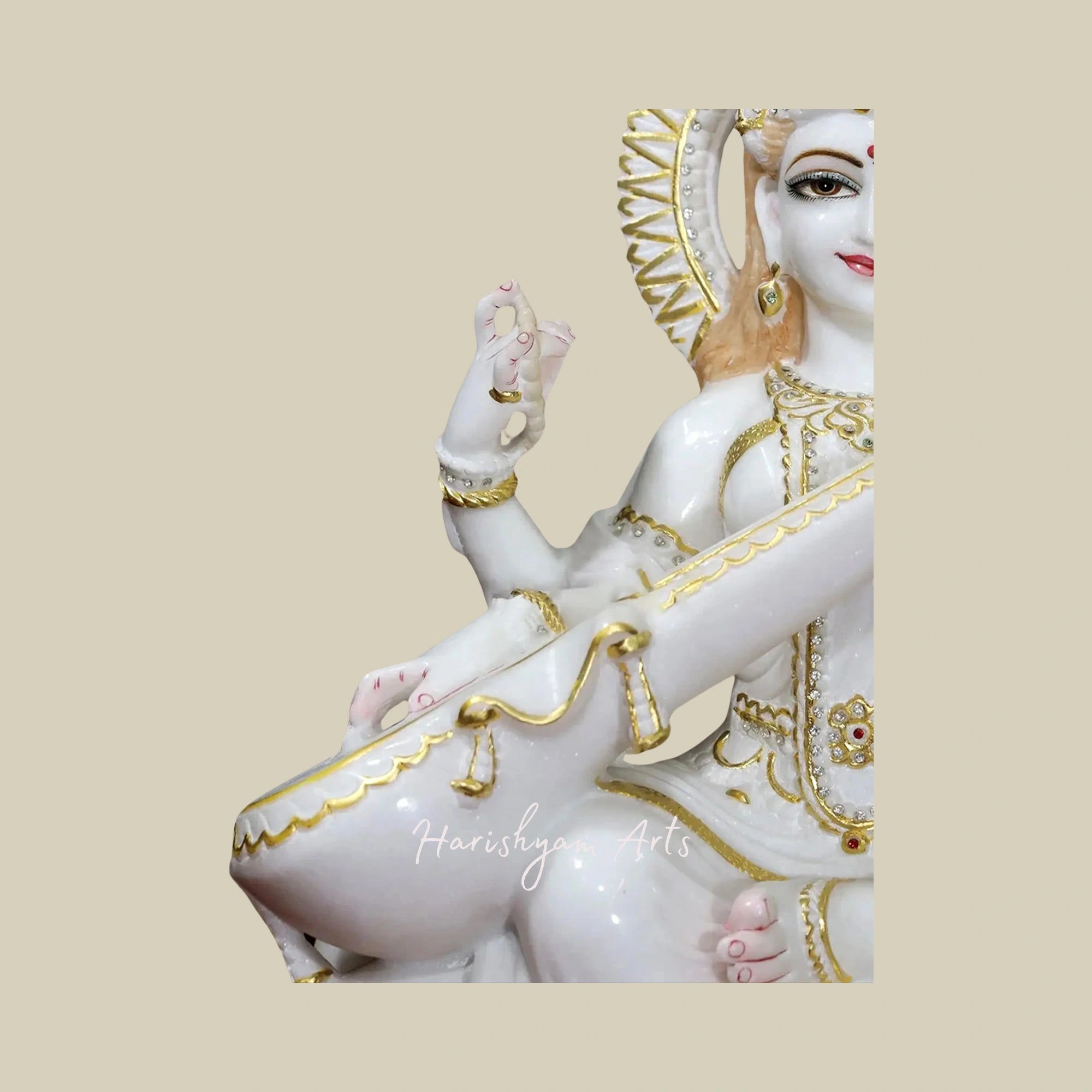 24" Veena-Vadini Saraswati Seated on Lotus Super White Vietnam Marble Idol5