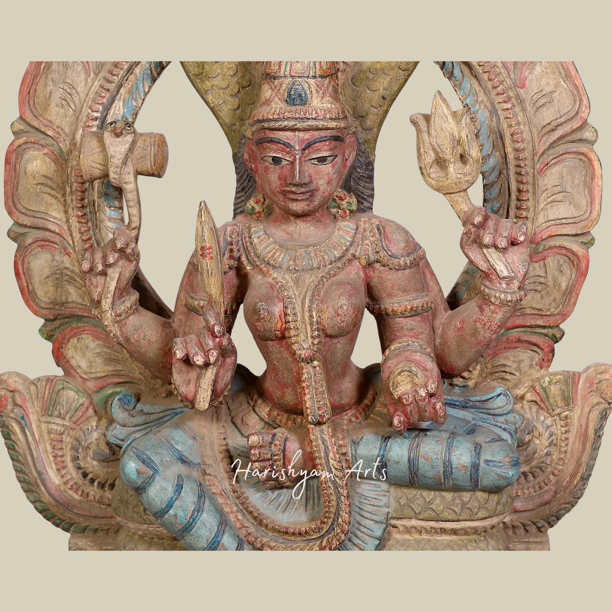 24" Wooden Goddess Mariamman Seated on Throne Exquisite Wooden Durga Mata Idol Online