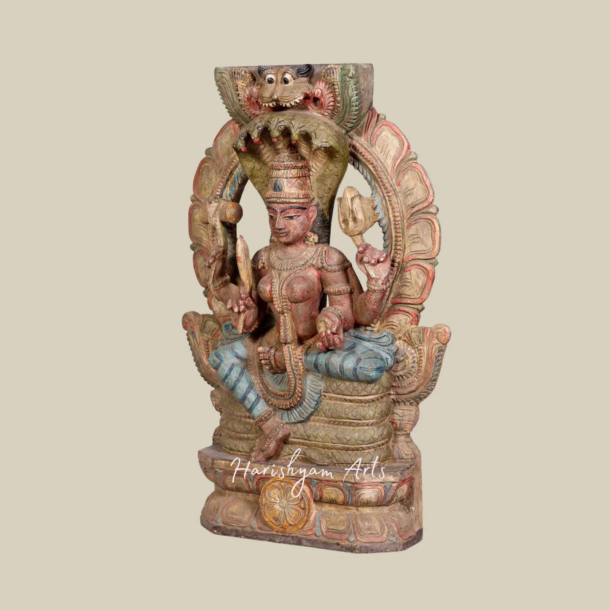 24" Wooden Goddess Mariamman Seated on Throne Exquisite Wooden Durga Mata Idol Online5