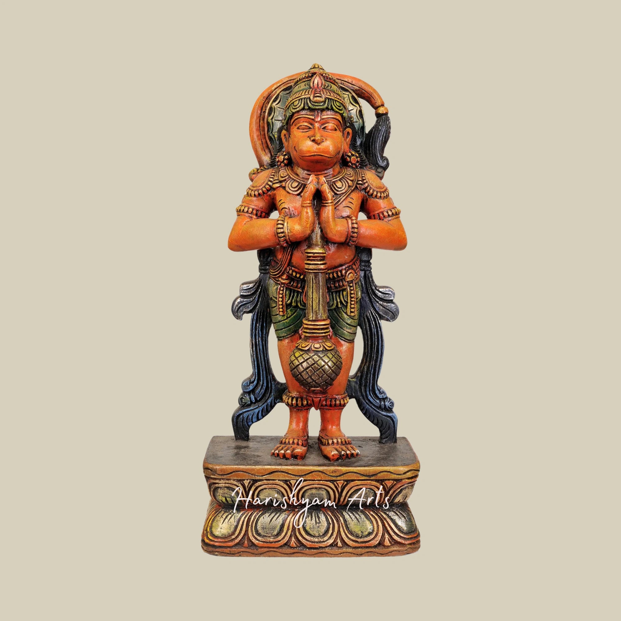 24" Wooden Hanuman Statue Rescuing Rama from Ahiravana's Captivity