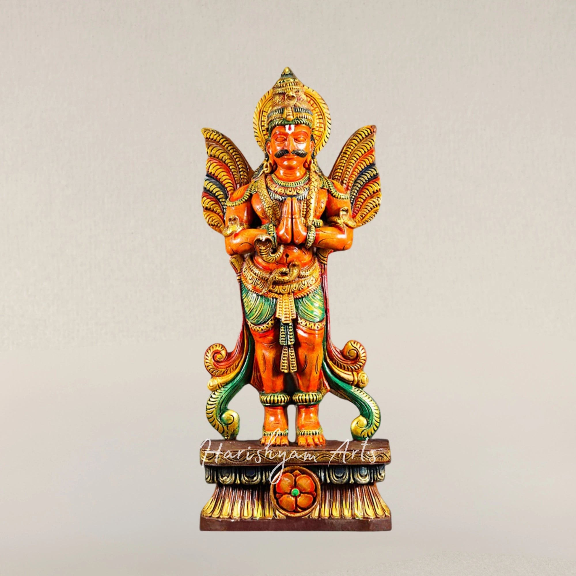 24" Wooden Standing Garuda Idol with Folded Hands Spiritual Home Decor