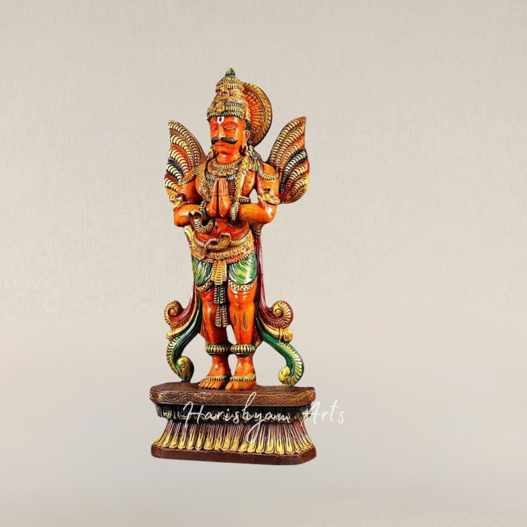 24" Wooden Standing Garuda Idol with Folded Hands Spiritual Home Decor