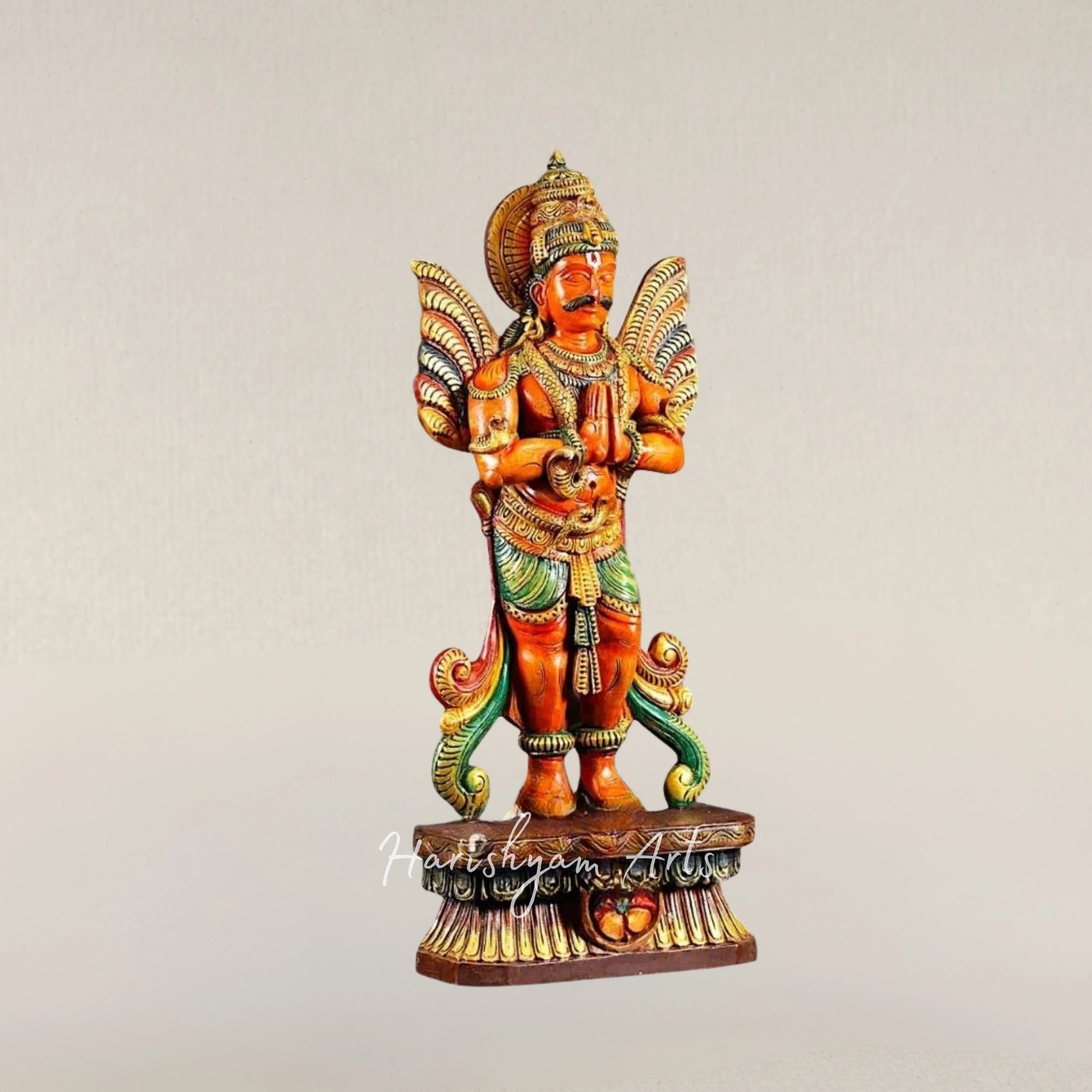 24" Wooden Standing Garuda Idol with Folded Hands Spiritual Home Decor