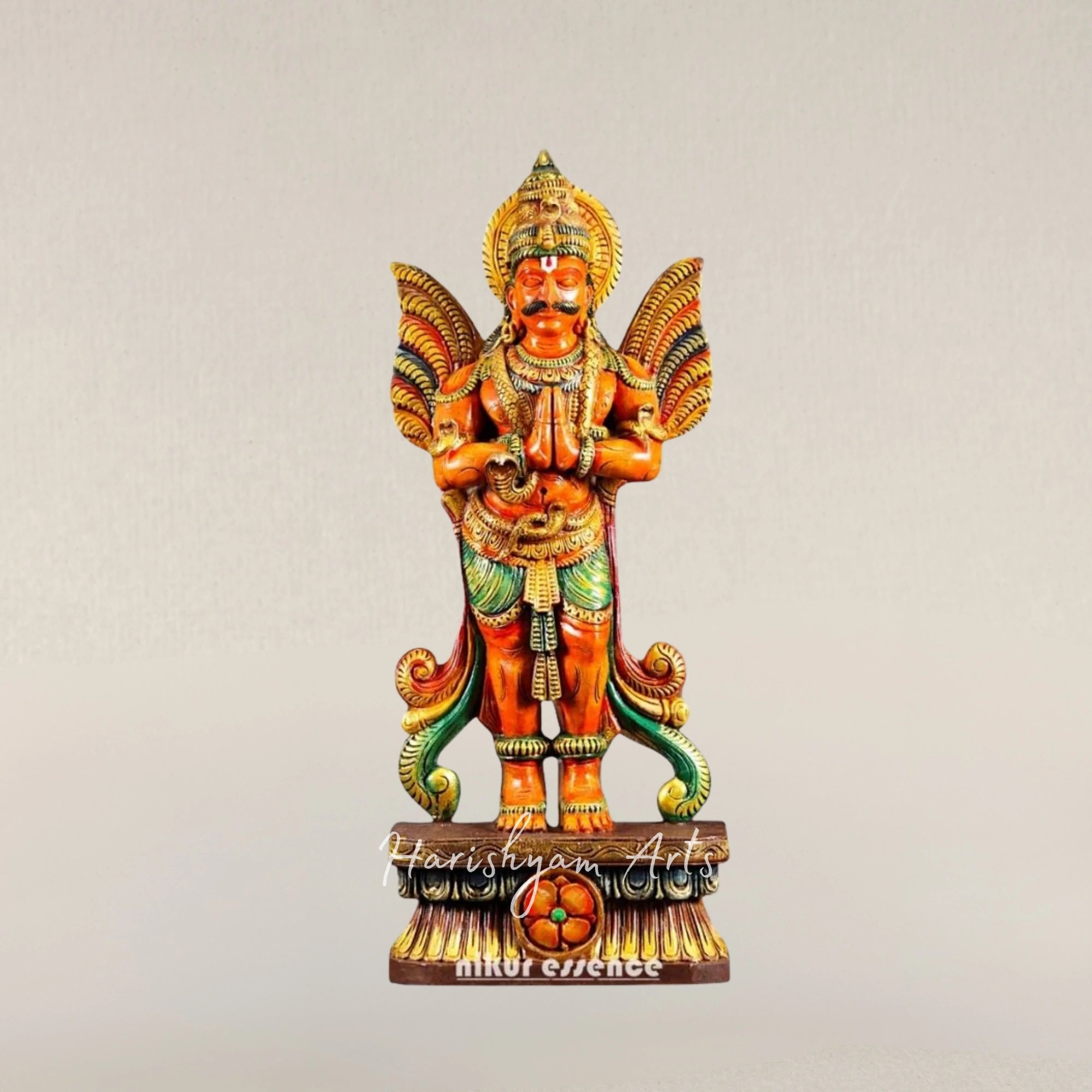 24" Wooden Standing Garuda Idol with Folded Hands Spiritual Home Decor