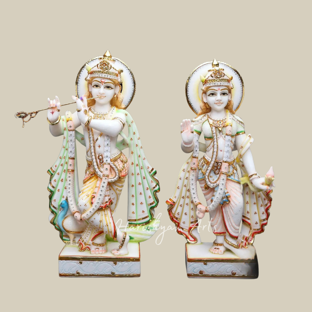 24" Handcrafted Marble Radha Krishna Murti Set with Intricate Jewelry and Colorful Detailing for Home Temple