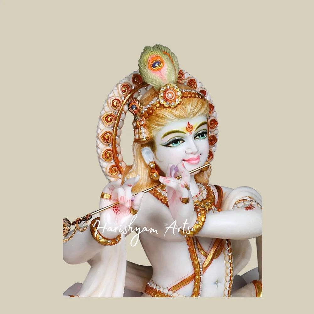 24" White Marble Murli Manohar Krishna Statue with Peacock Feather and Lotus Throne for Home Temple