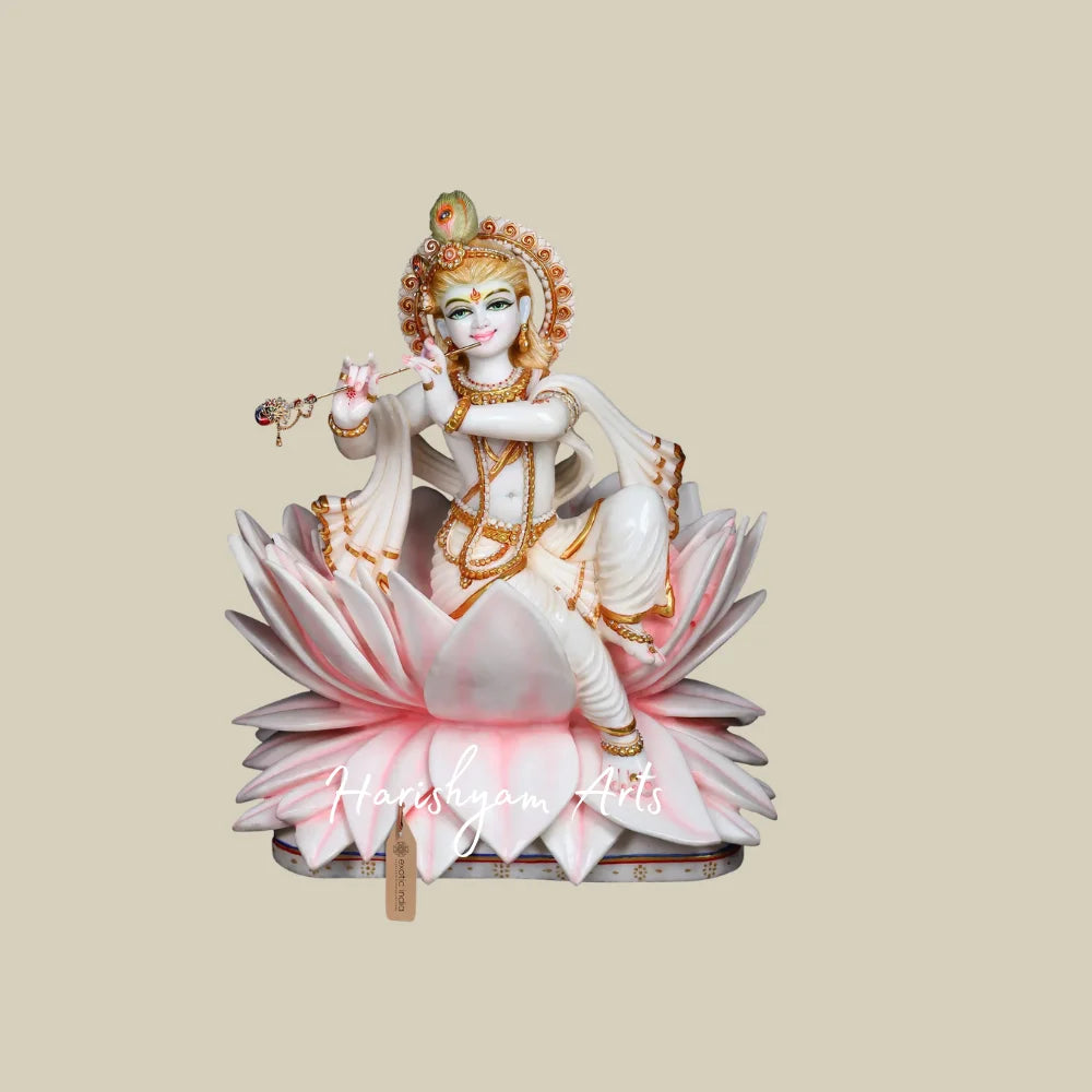 24" White Marble Murli Manohar Krishna Statue with Peacock Feather and Lotus Throne for Home Temple