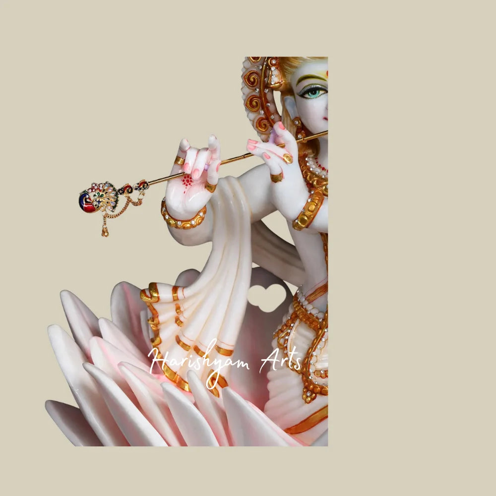 24" White Marble Murli Manohar Krishna Statue with Peacock Feather and Lotus Throne for Home Temple