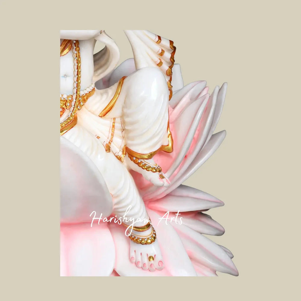 24" White Marble Murli Manohar Krishna Statue with Peacock Feather and Lotus Throne for Home Temple