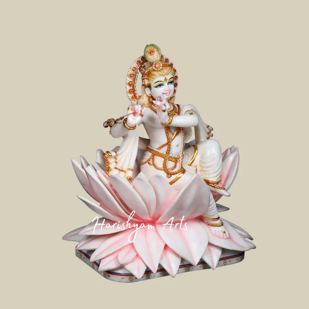 24" White Marble Murli Manohar Krishna Statue with Peacock Feather and Lotus Throne for Home Temple