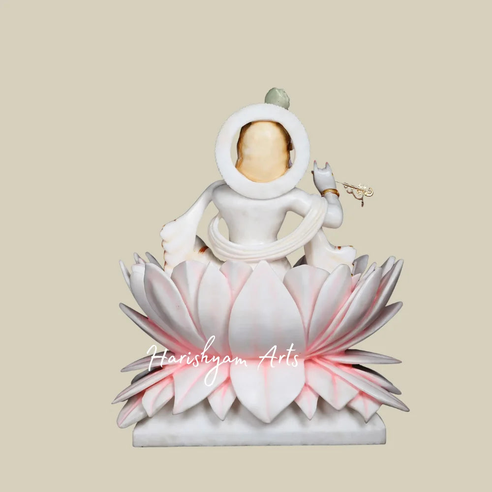 24" White Marble Murli Manohar Krishna Statue with Peacock Feather and Lotus Throne for Home Temple