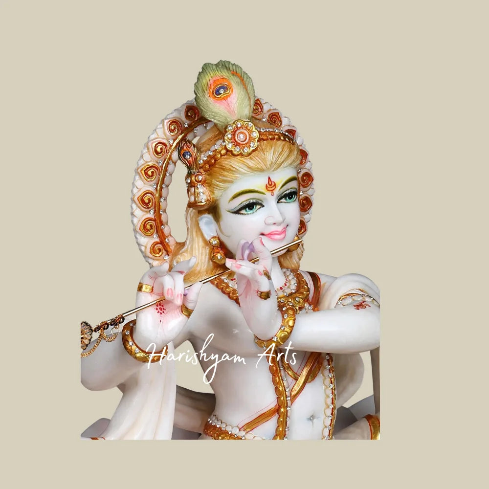 24" White Marble Murli Manohar Krishna Statue with Peacock Feather and Lotus Throne for Home Temple