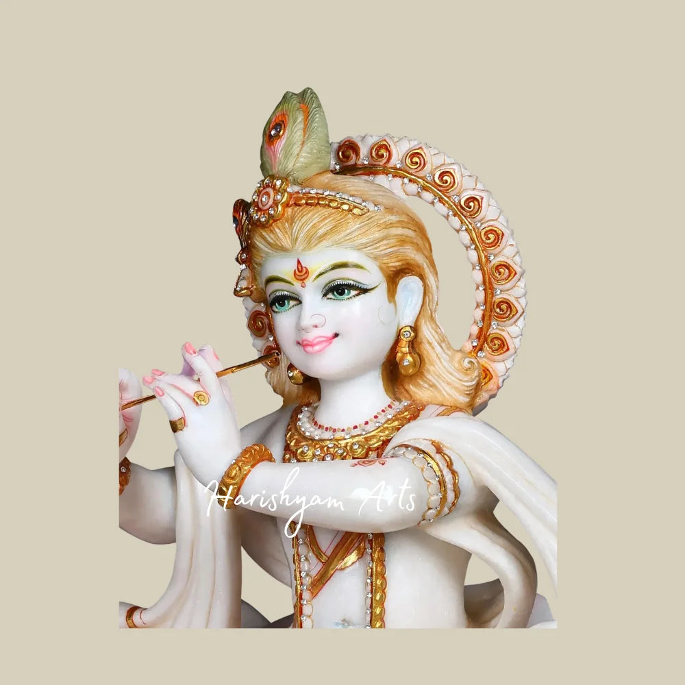 24" White Marble Murli Manohar Krishna Statue with Peacock Feather and Lotus Throne for Home Temple