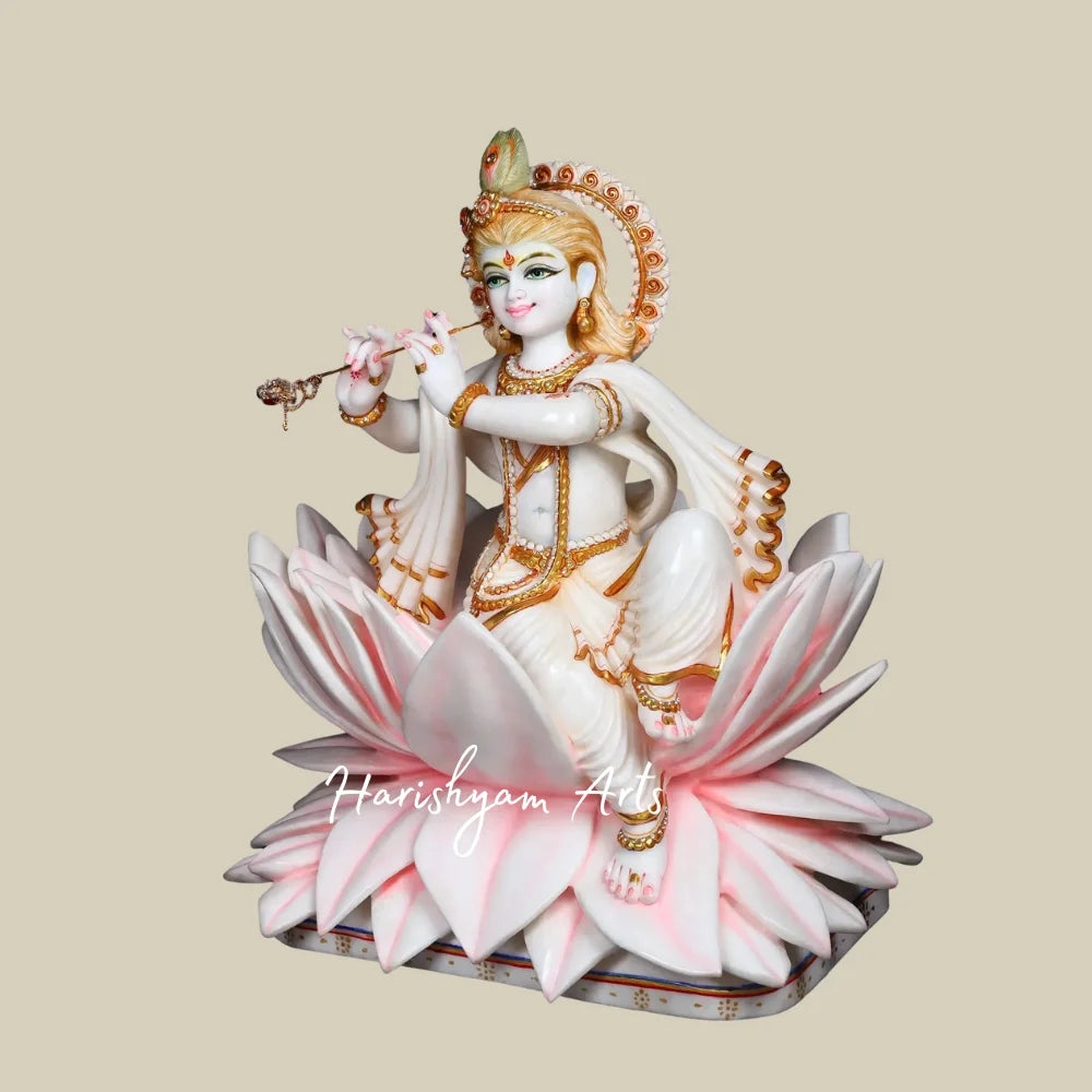 24" White Marble Murli Manohar Krishna Statue with Peacock Feather and Lotus Throne for Home Temple
