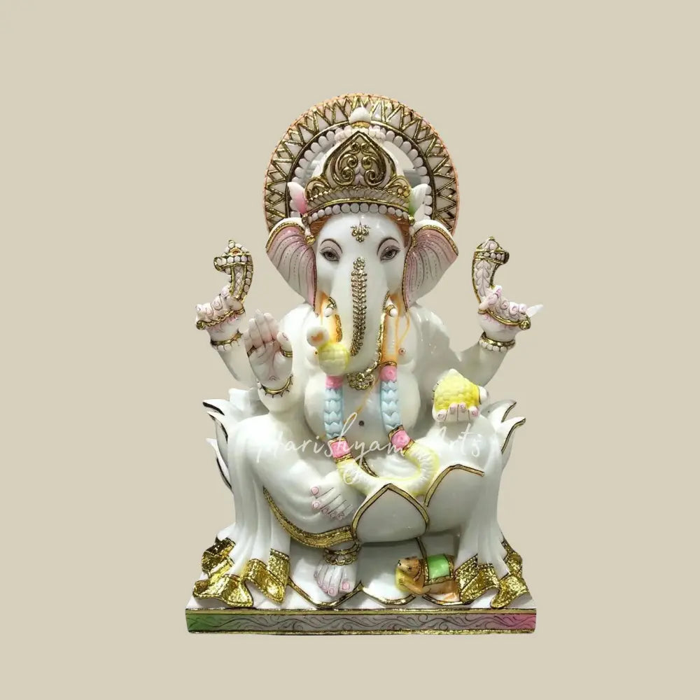 24" Embellished Marble Statue of Sitting Lord Ganpati on Lotus