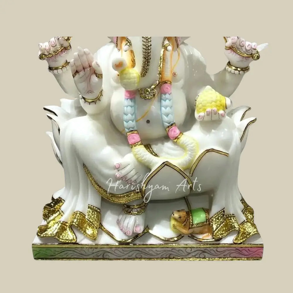 24" Embellished Marble Statue of Sitting Lord Ganpati on Lotus