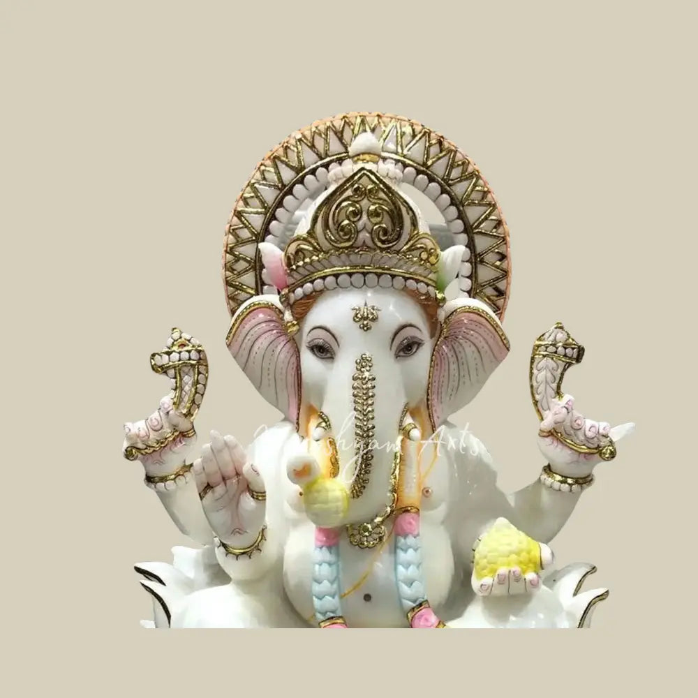 24" Embellished Marble Statue of Sitting Lord Ganpati on Lotus