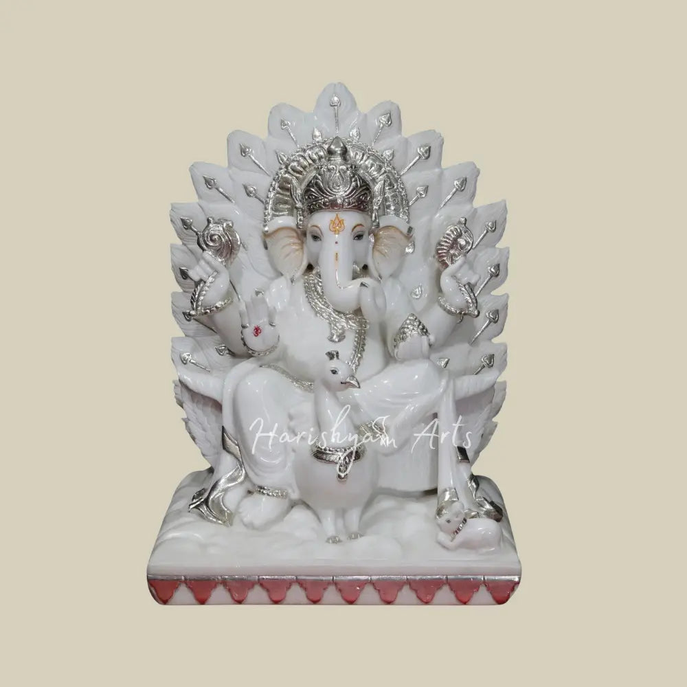 24" Ganesha Seated On Mayureshwar Peacock Vienam Marble Statue