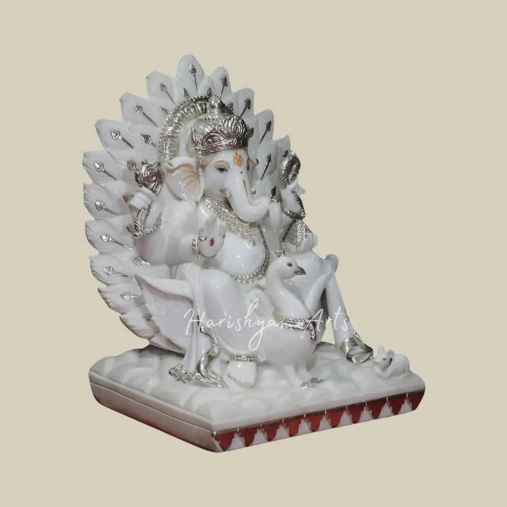 24" Ganesha Seated On Mayureshwar Peacock Vienam Marble Statue