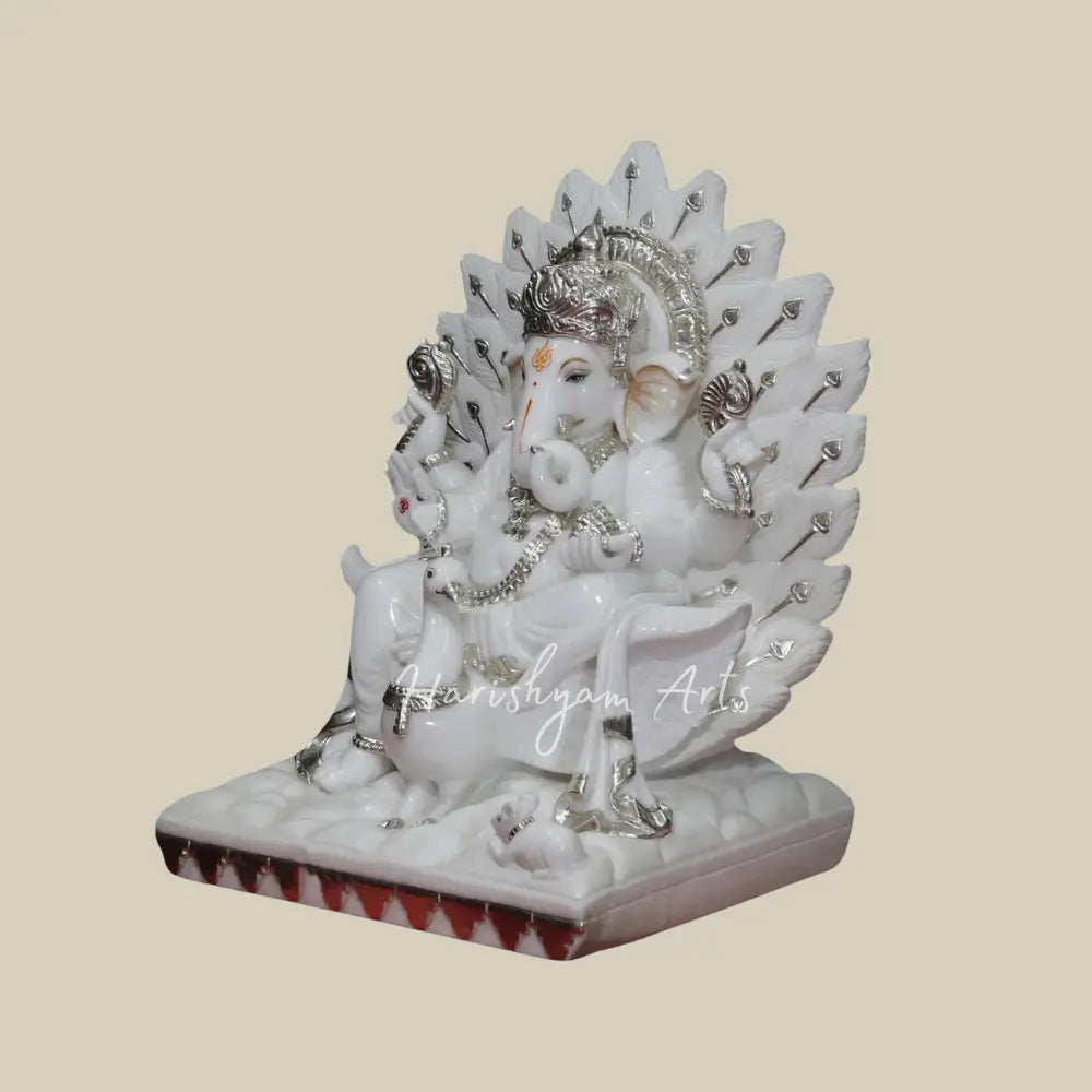 24" Ganesha Seated On Mayureshwar Peacock Vienam Marble Statue