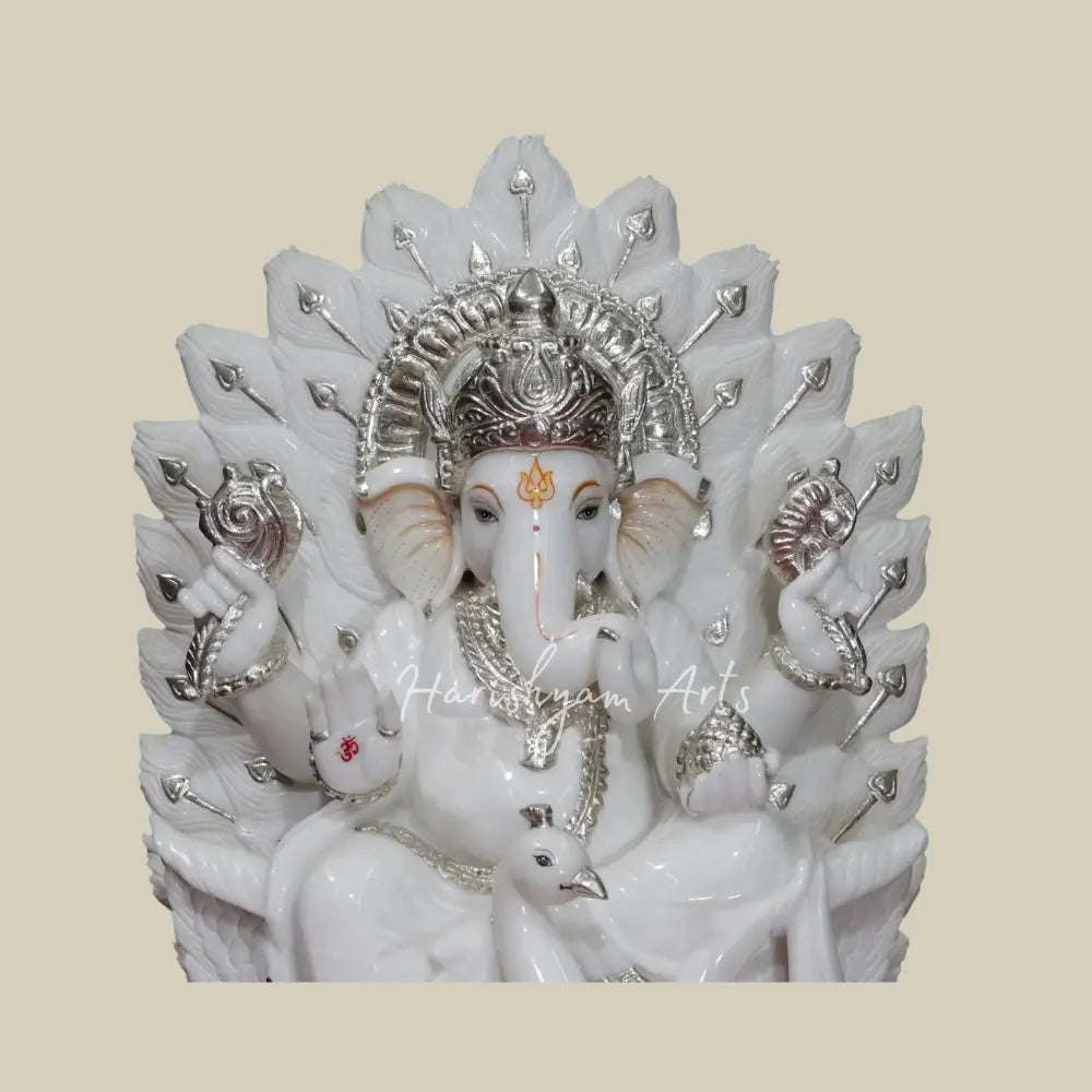 24" Ganesha Seated On Mayureshwar Peacock Vienam Marble Statue