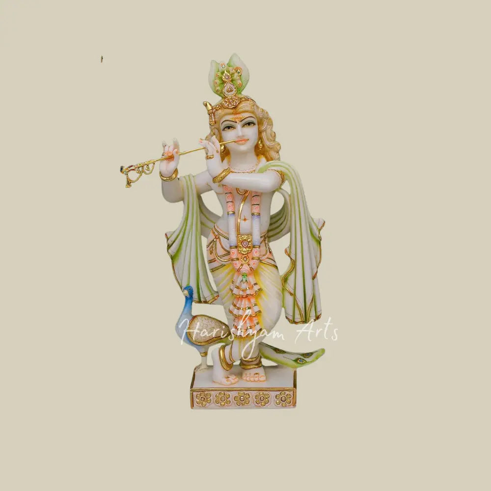 24" Krishna Playing Flute With Peacock marble idol