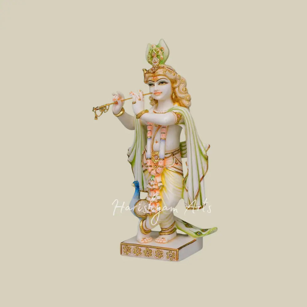 24" Krishna Playing Flute With Peacock marble idol