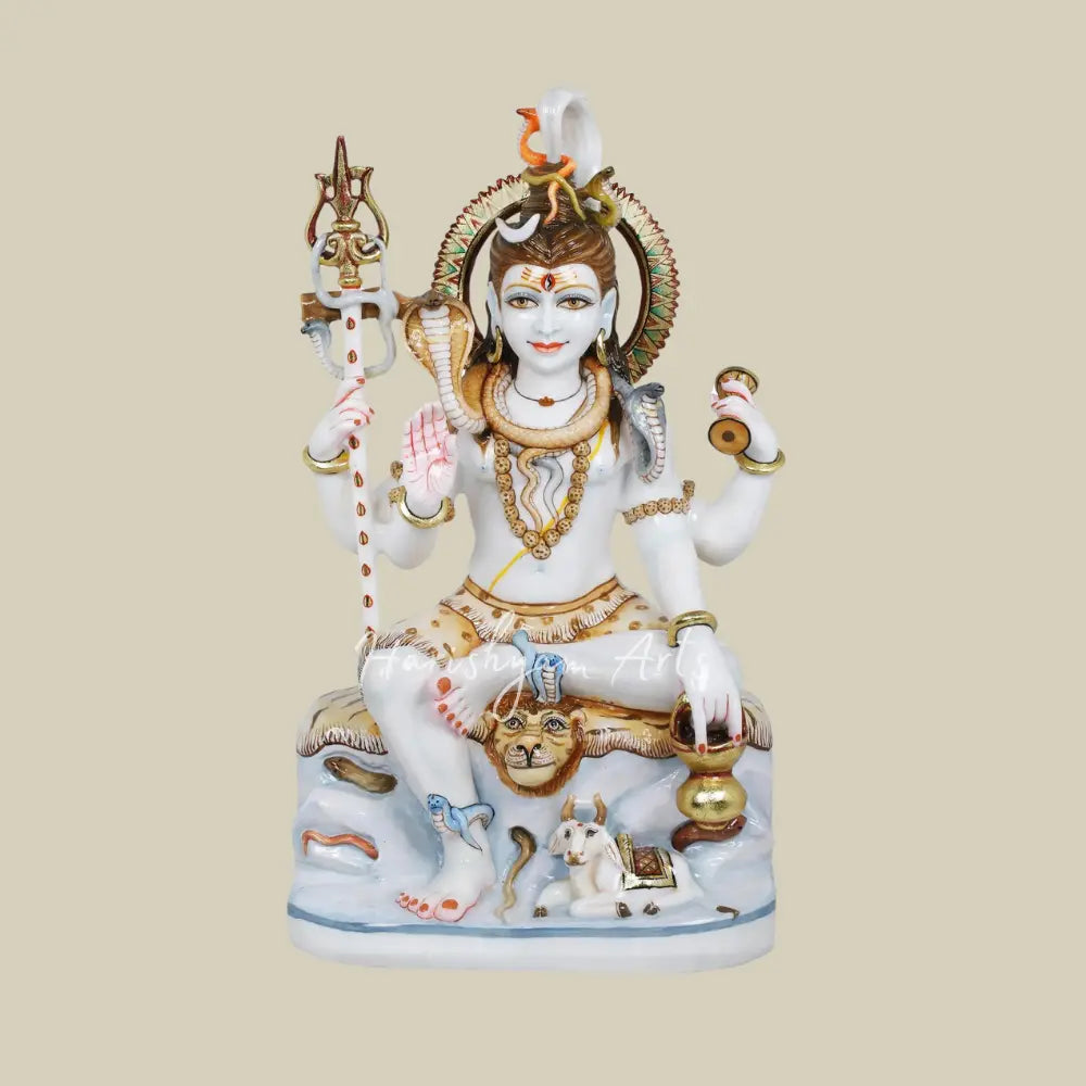 24" Marble Deity of Shiva with Nandi Seated at His Feet