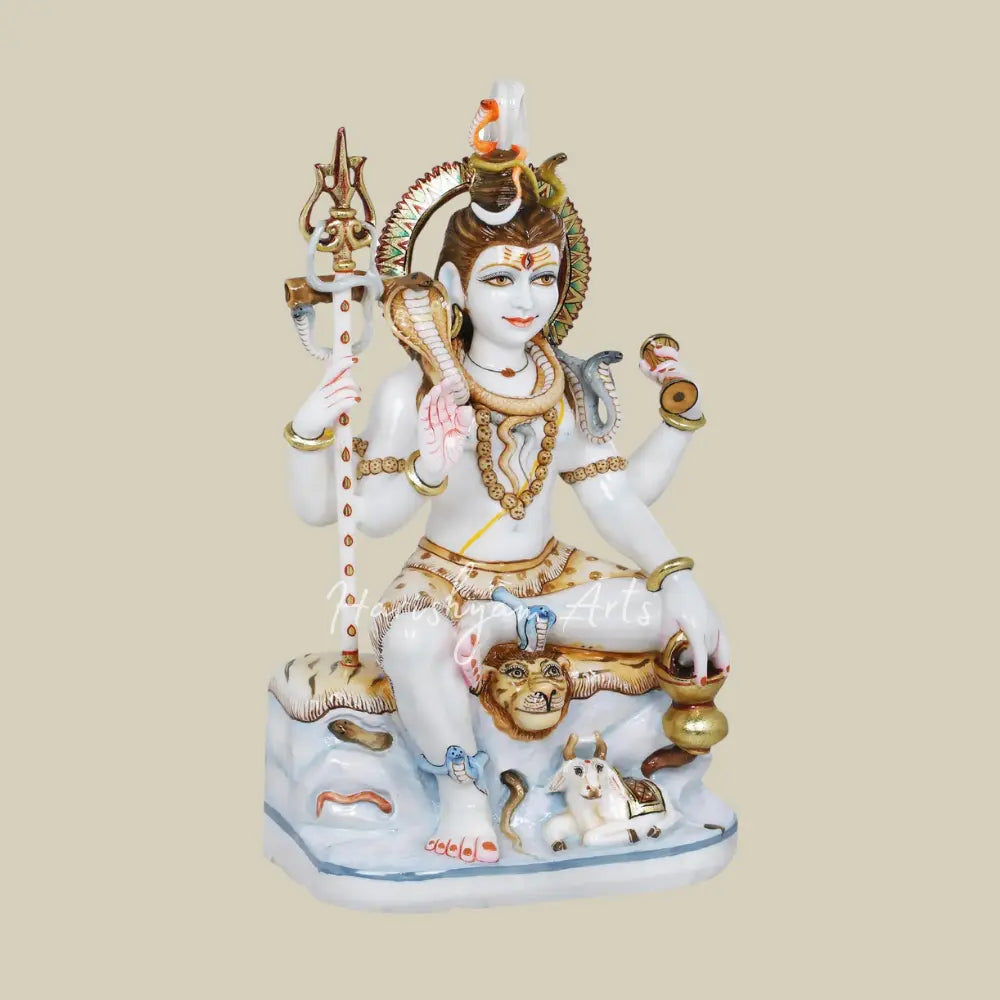 24" Marble Deity of Shiva with Nandi Seated at His Feet