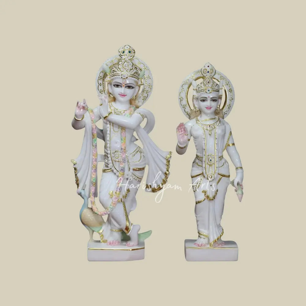 24" Marble Radha Krishna Statue with Peacock