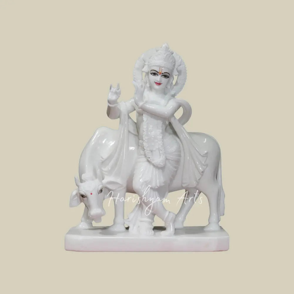 24" Pure White Kanha with cow vietnam marble idol