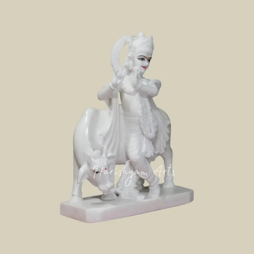 24" Pure White Kanha with cow vietnam marble idol