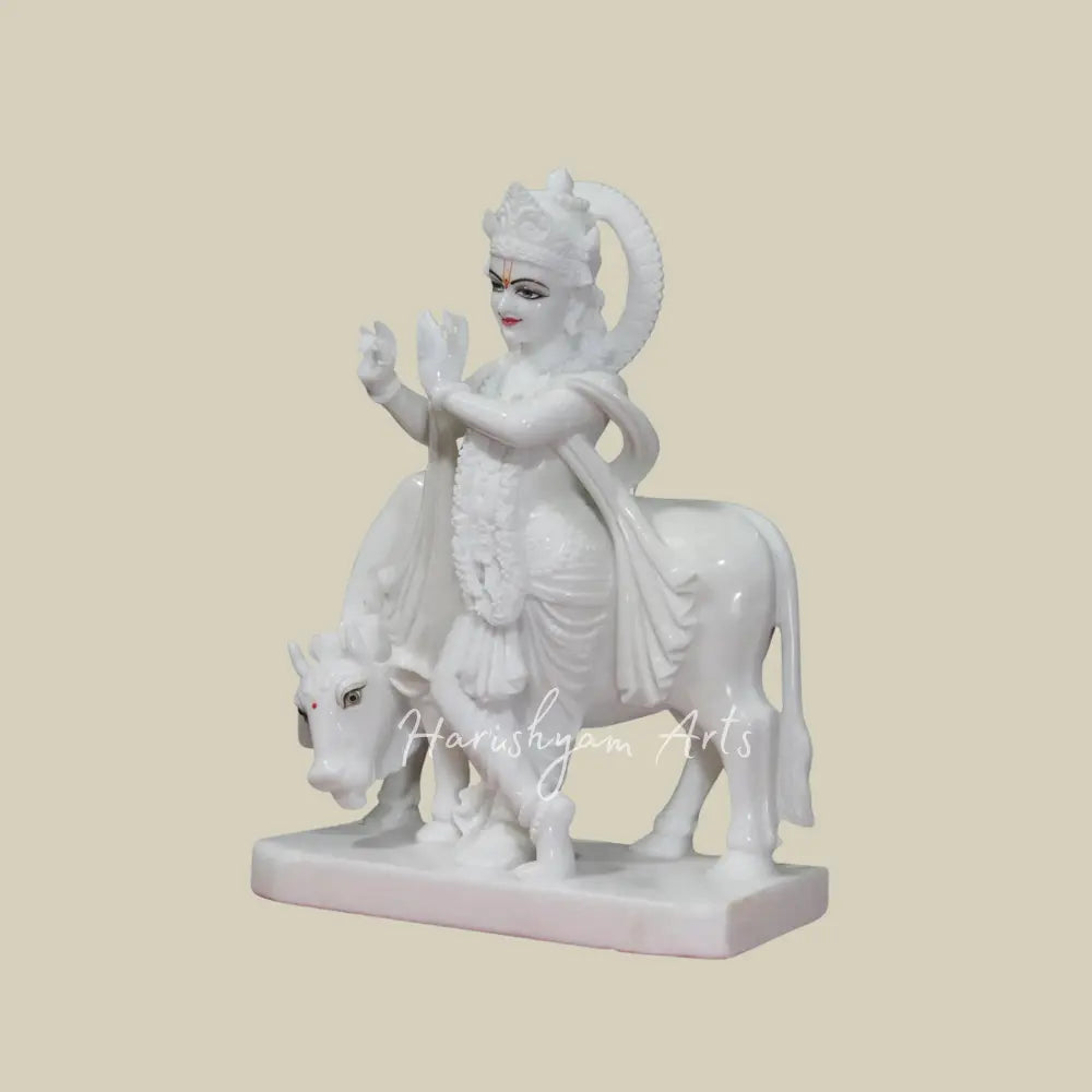 24" Pure White Kanha with cow vietnam marble idol