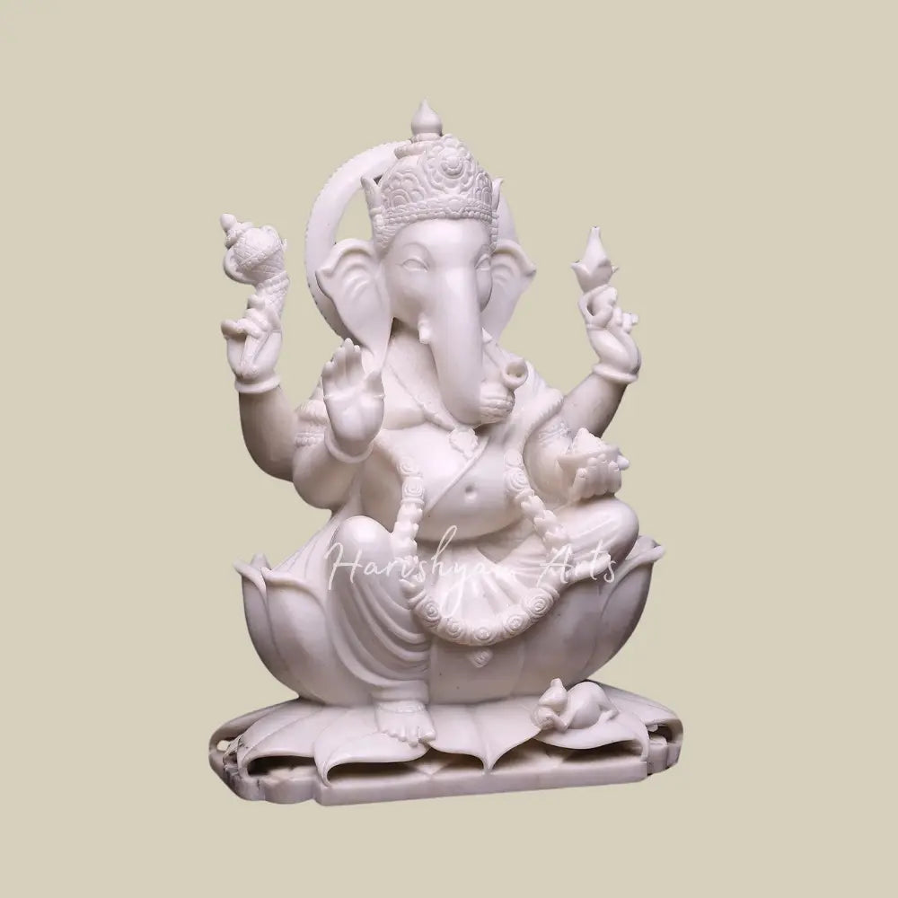 24" Pure White Marble Ganesha  Idol Seated on Lotus