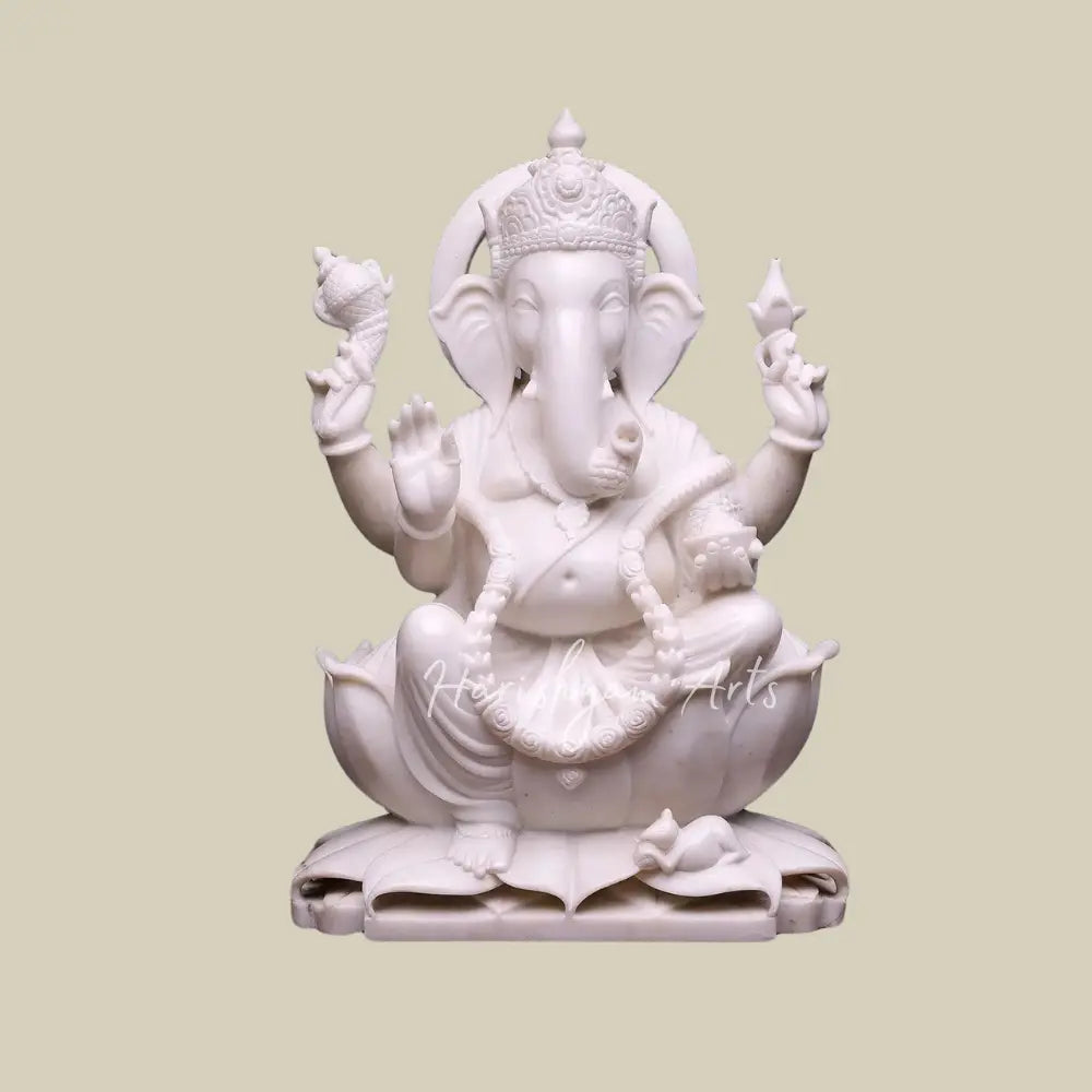 24" Pure White Marble Ganesha  Idol Seated on Lotus