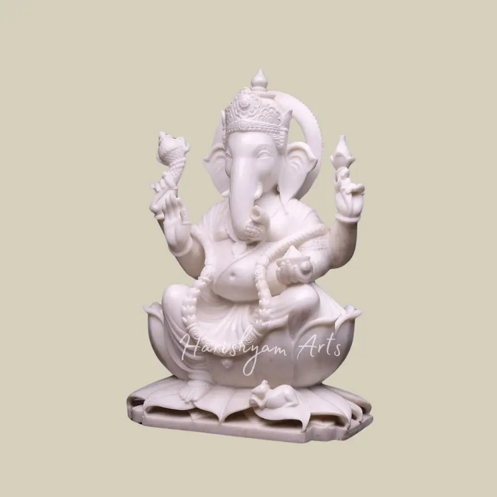 24" Pure White Marble Ganesha  Idol Seated on Lotus