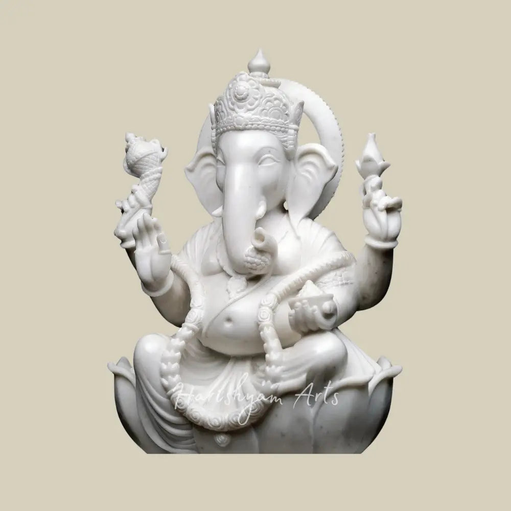 24" Pure White Marble Ganesha  Idol Seated on Lotus