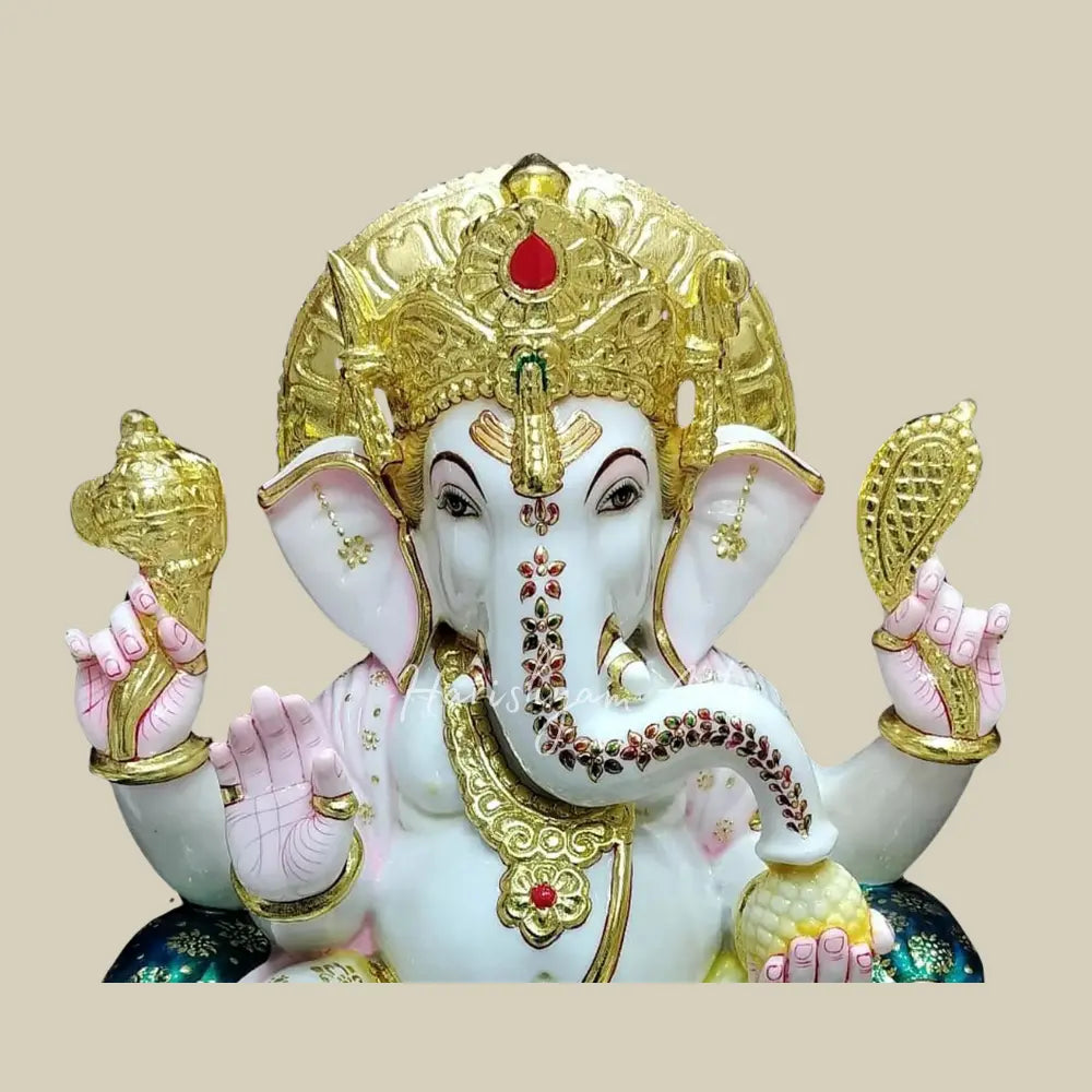 24" Sitting Lord Ganesha Statue in Vietnam Marble with Golden Work