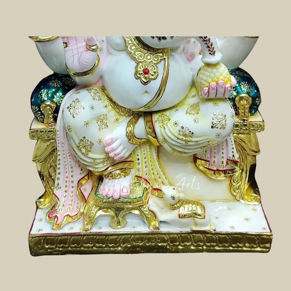 24" Sitting Lord Ganesha Statue in Vietnam Marble with Golden Work